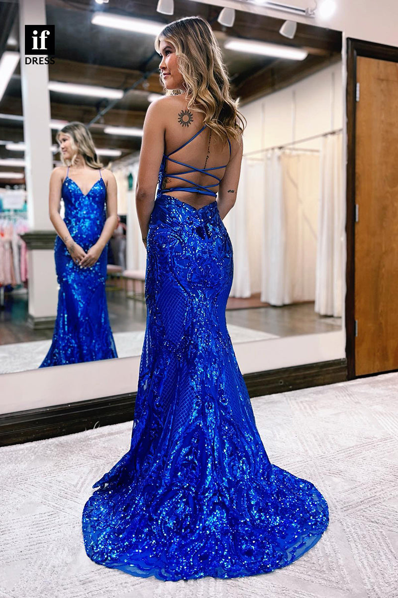 34056 - Plunging V-Neck Sequins Appliques Long Sparkly Prom Dress