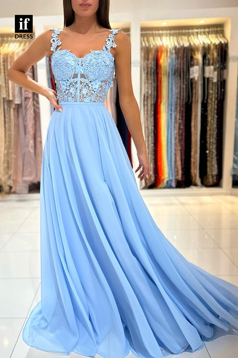 34068 - A Line Lace Top Appliques Long Prom Bridesmaid  Dress with Slit