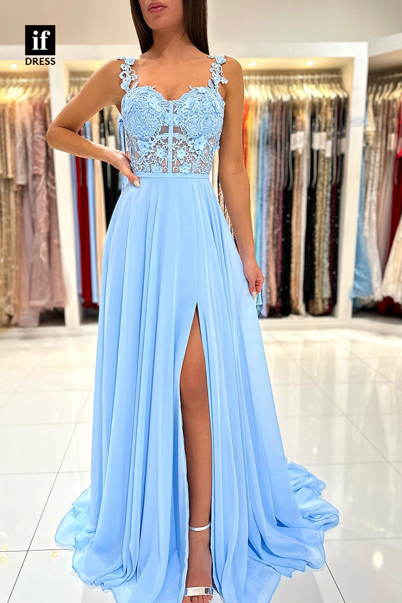 34068 - A Line Lace Top Appliques Long Prom Bridesmaid  Dress with Slit