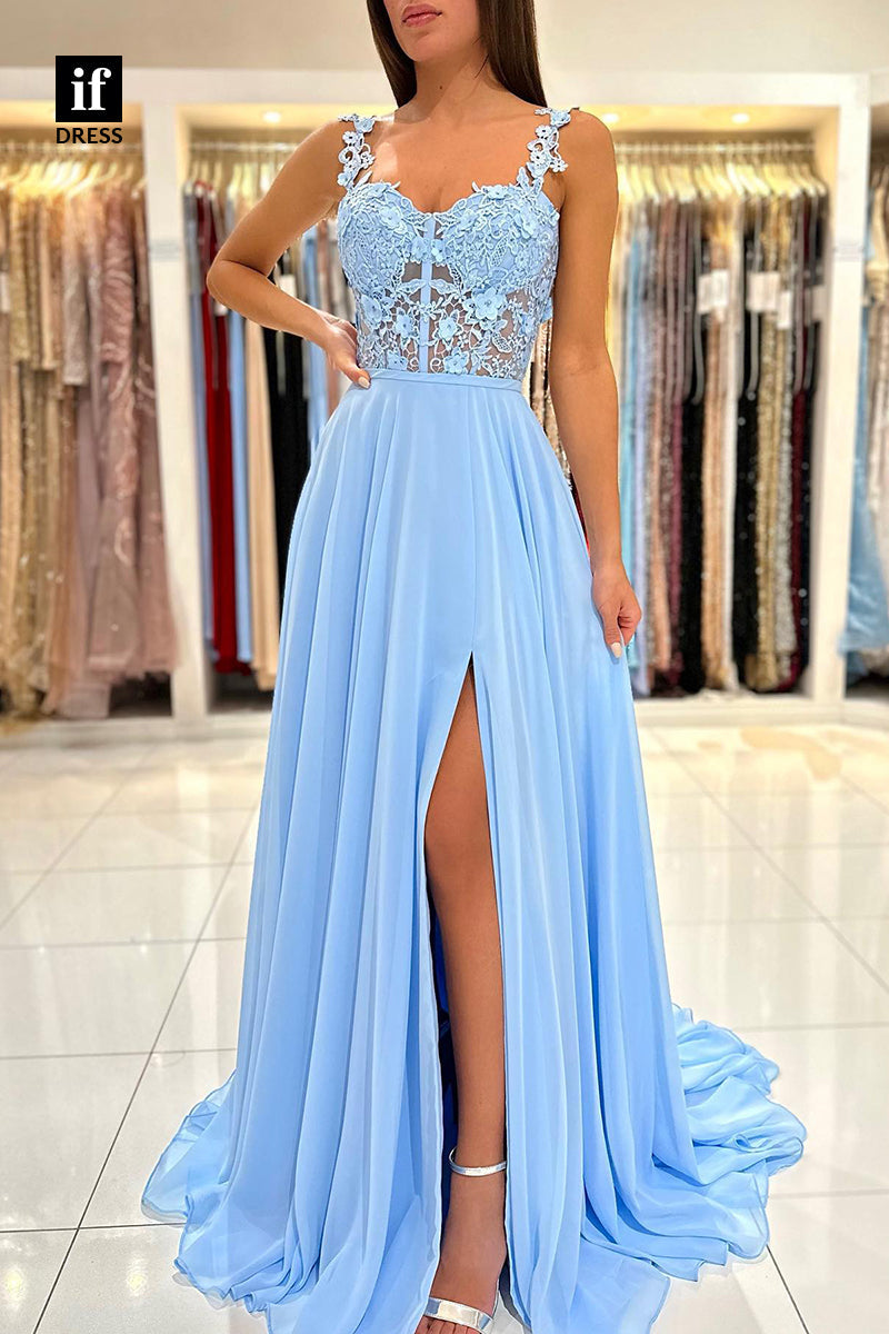 34068 - A Line Lace Top Appliques Long Prom Bridesmaid  Dress with Slit