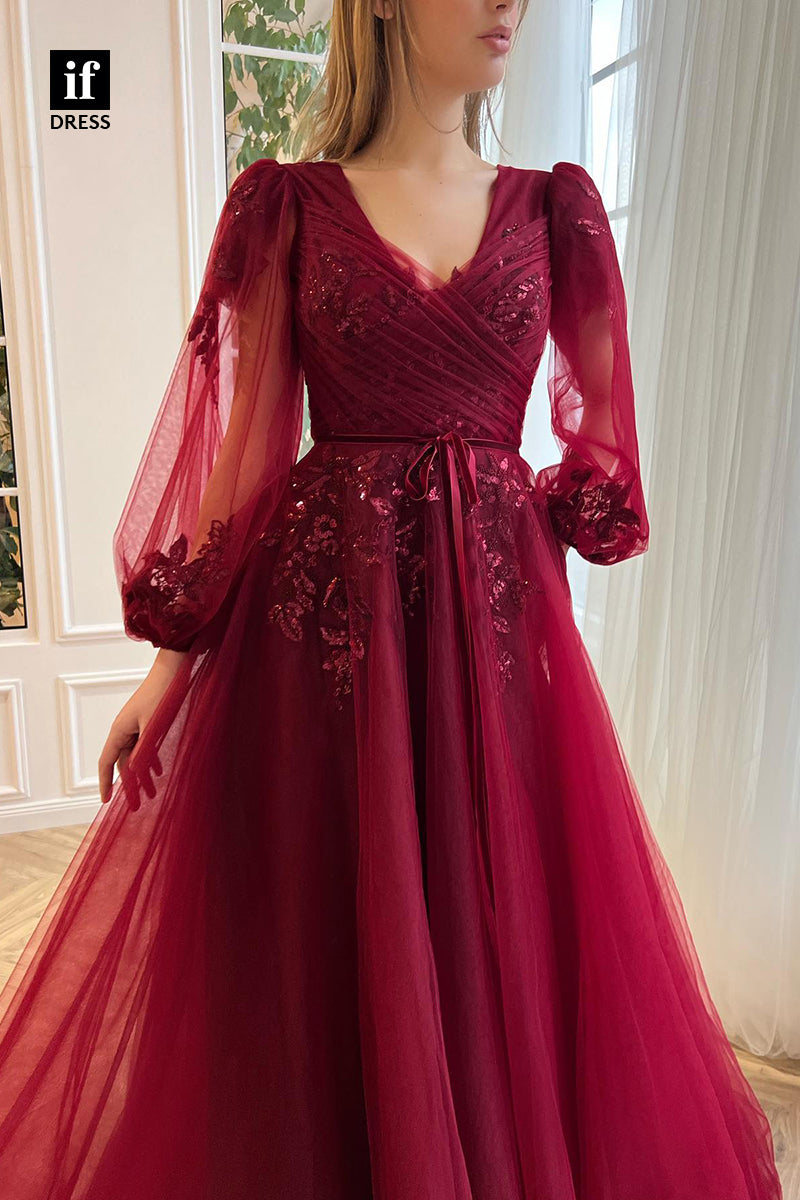 34052 - A Line V-neck Appliques Long Sleeves Burgund Prom Dress with Pockets