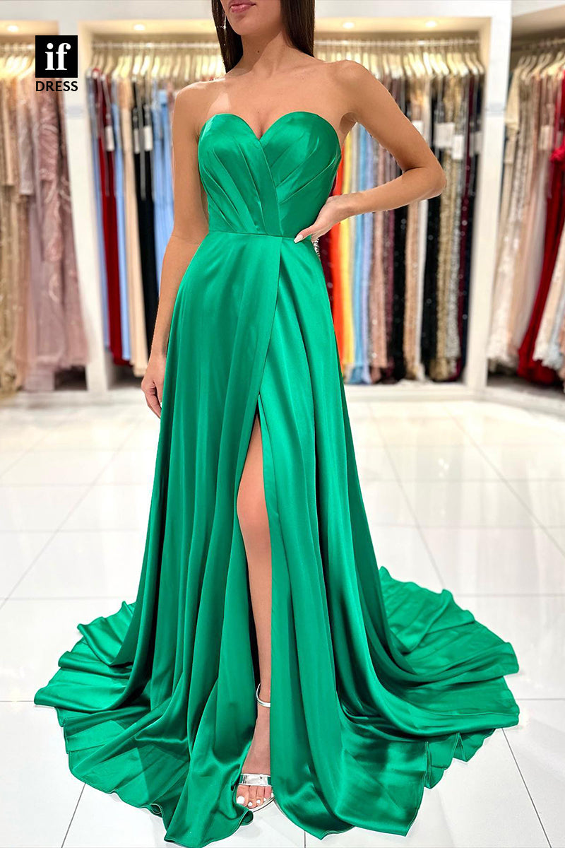 34067 - A Line Sweetheart Pleats Side Slit Long Prom Bridesmaid Dress with Train