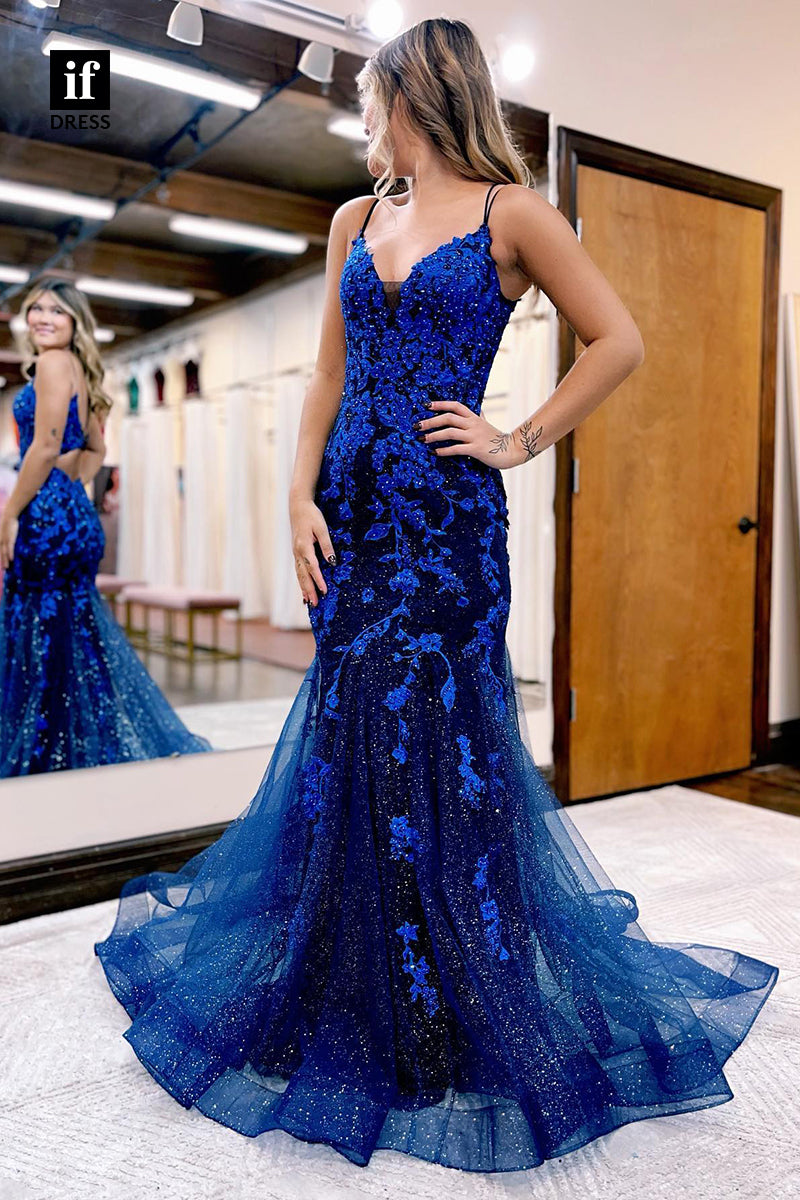 34061 - Spaghetti Straps Appliques Long Mermaid Prom Dress