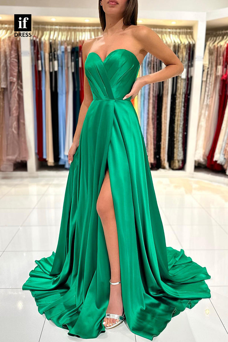 34067 - A Line Sweetheart Pleats Side Slit Long Prom Bridesmaid Dress with Train