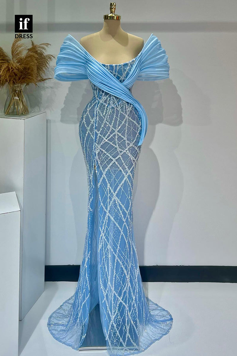 32907 - Stunning Off-Shoulder Beading Sheath Prom Evening Formal Dress with Slit