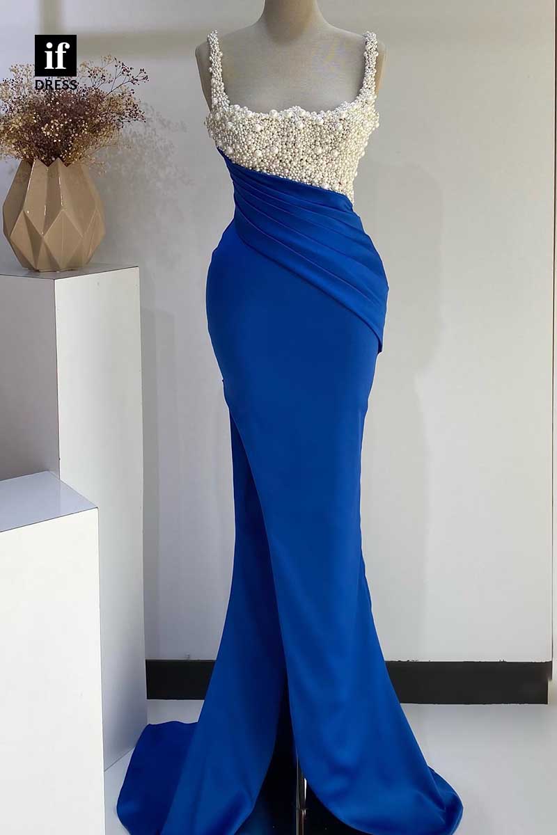 32910 - Elegant Straps Beads Pleats Side Slit Prom Evening Formal Dress