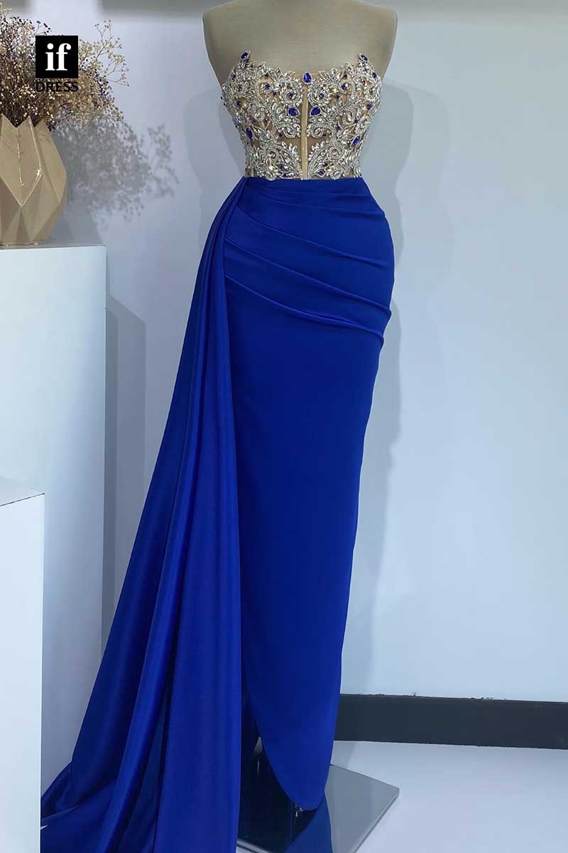 32911 - Glamorous Strapless Beads Pleats Sleeveless Prom Evening Dress with Train