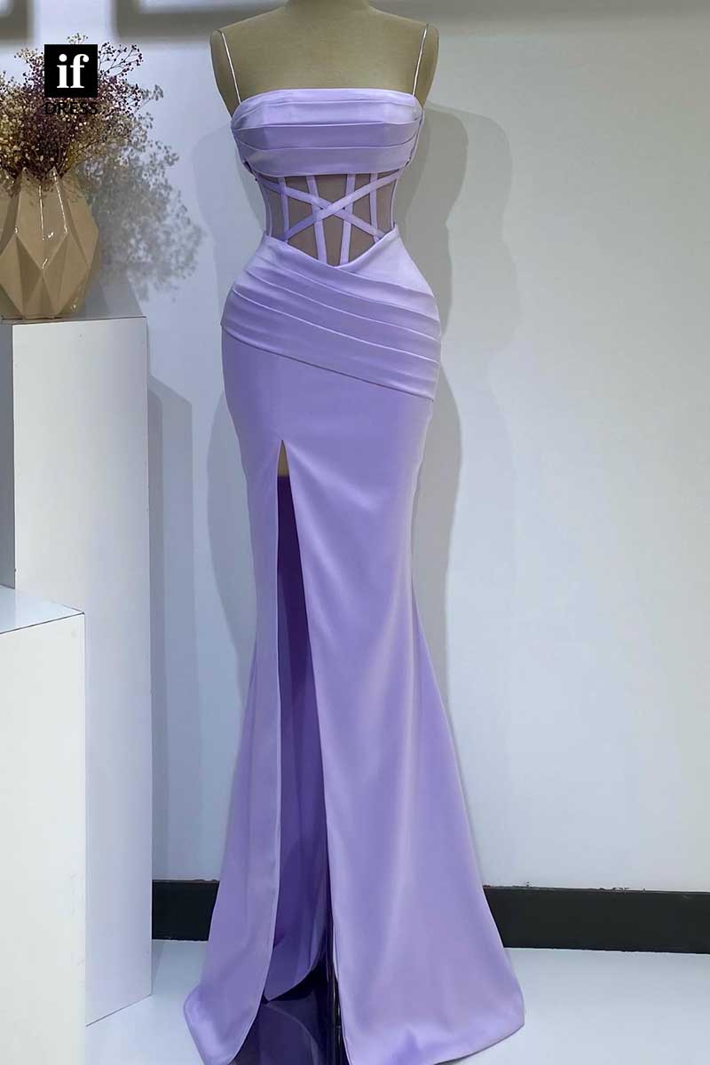 32914 - Spaghetti Straps Scoop Sheath Pleats Prom Evening Formal Dress with Slit