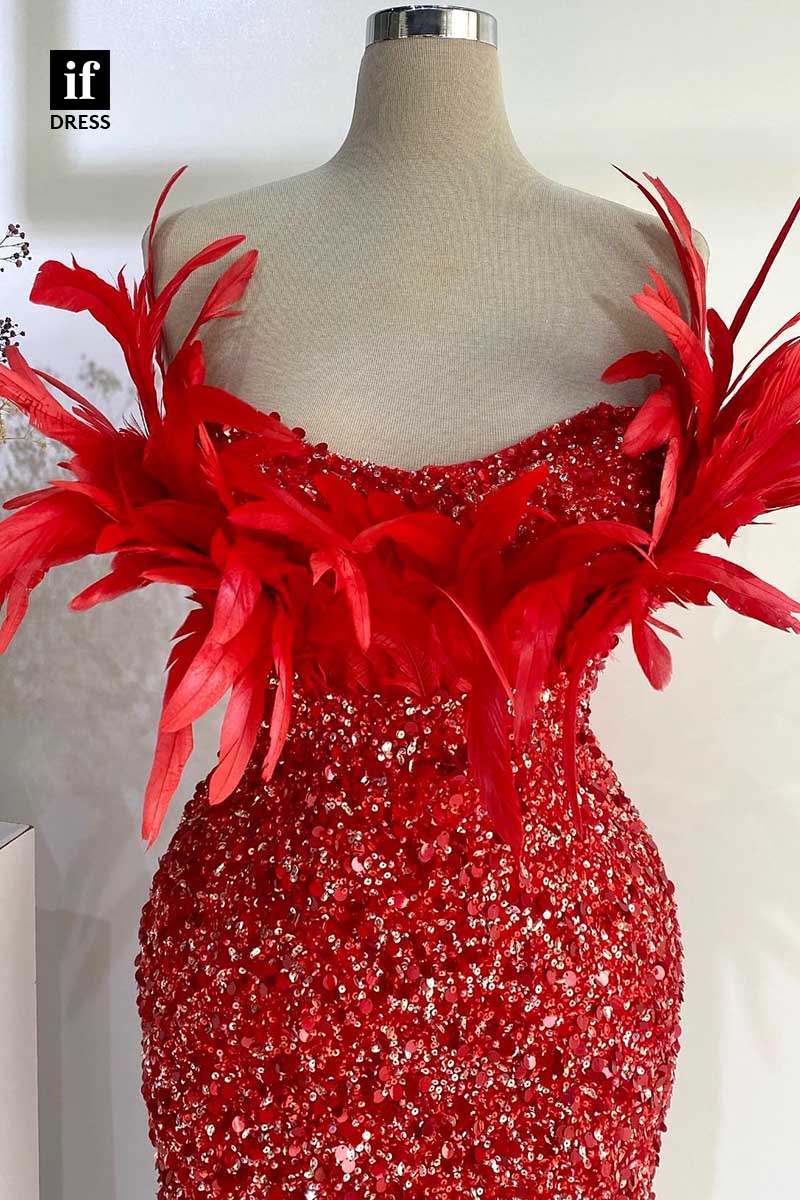 32917 - Glamorous Strapless Feathers Full Sequins Prom Evening Formal Dress