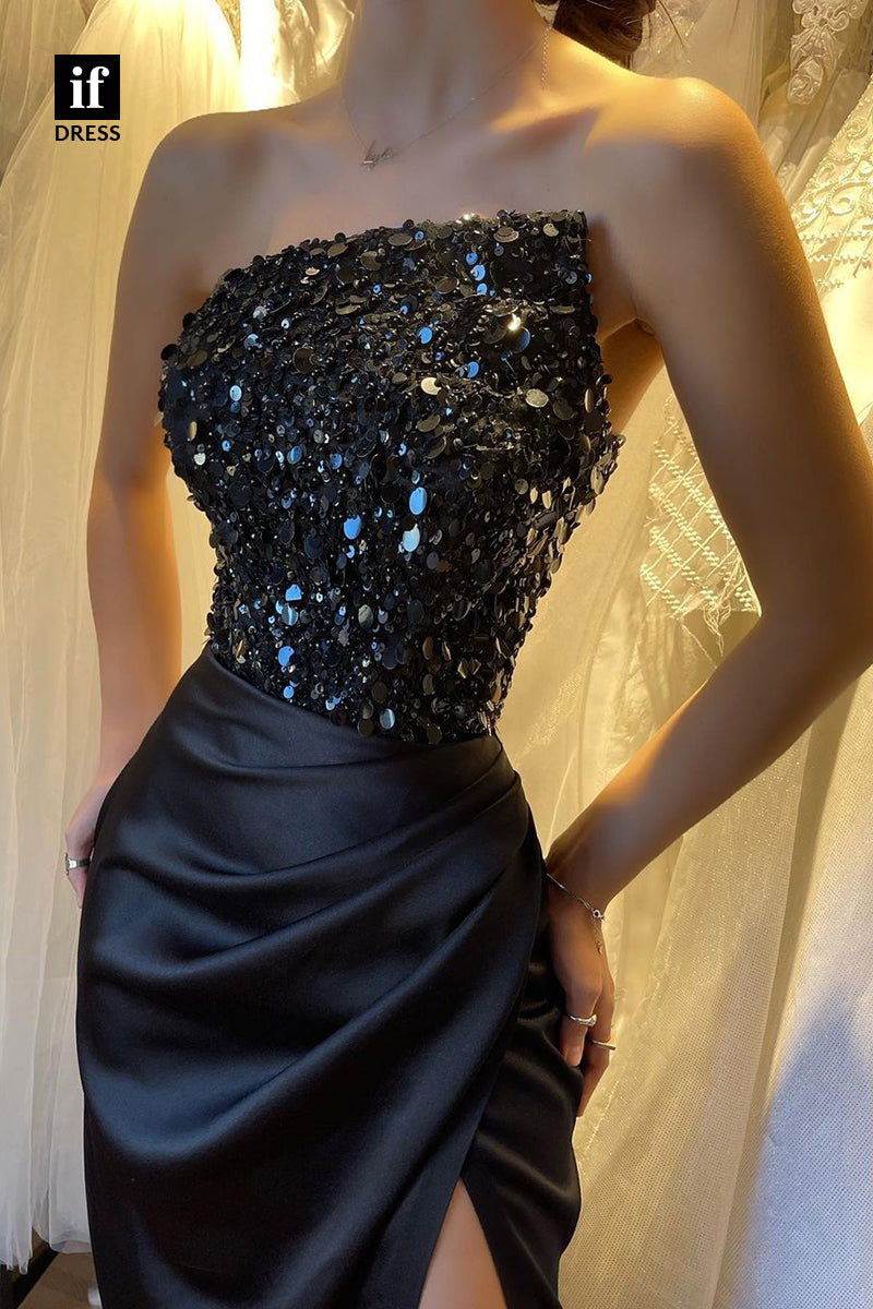 32922 - Classic Strapless Beads High Slit Pleats Sleeveless Prom Evening Formal Dress