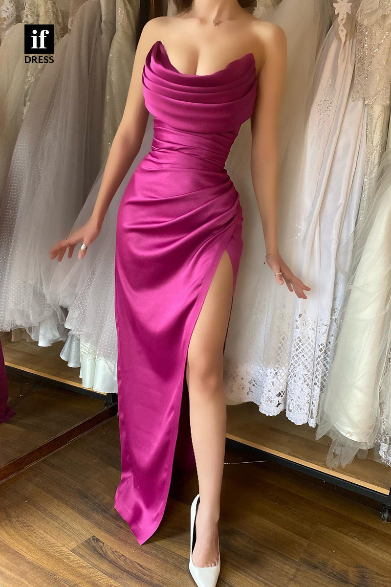 32925 - Sexy/Hot Strapless Scoop Ruched Side Slit Pleats  Prom Evening Formal Dress