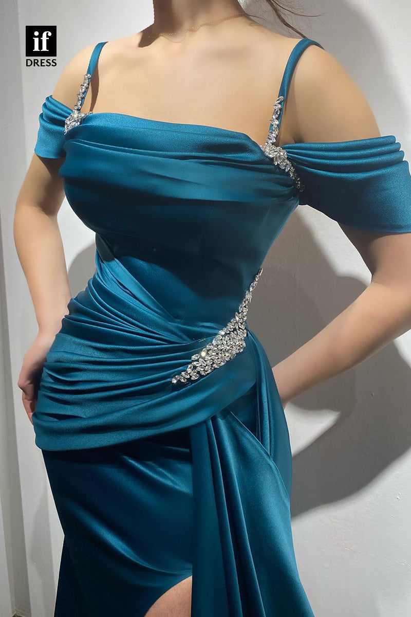 32933 - Elegant Straps Pleats Beads Side Slit Sleeveless Prom Evening Formal Dress