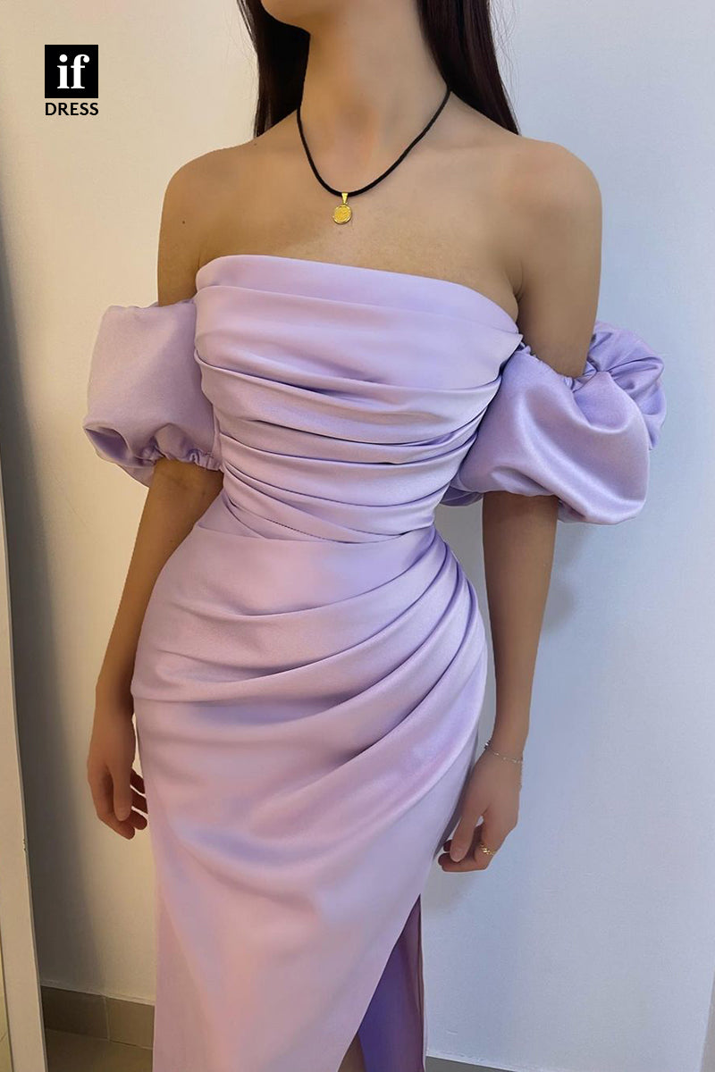 32936 - Stunning Sheath Puff Sleeves Pleats Prom Evening Formal Dress with Slit