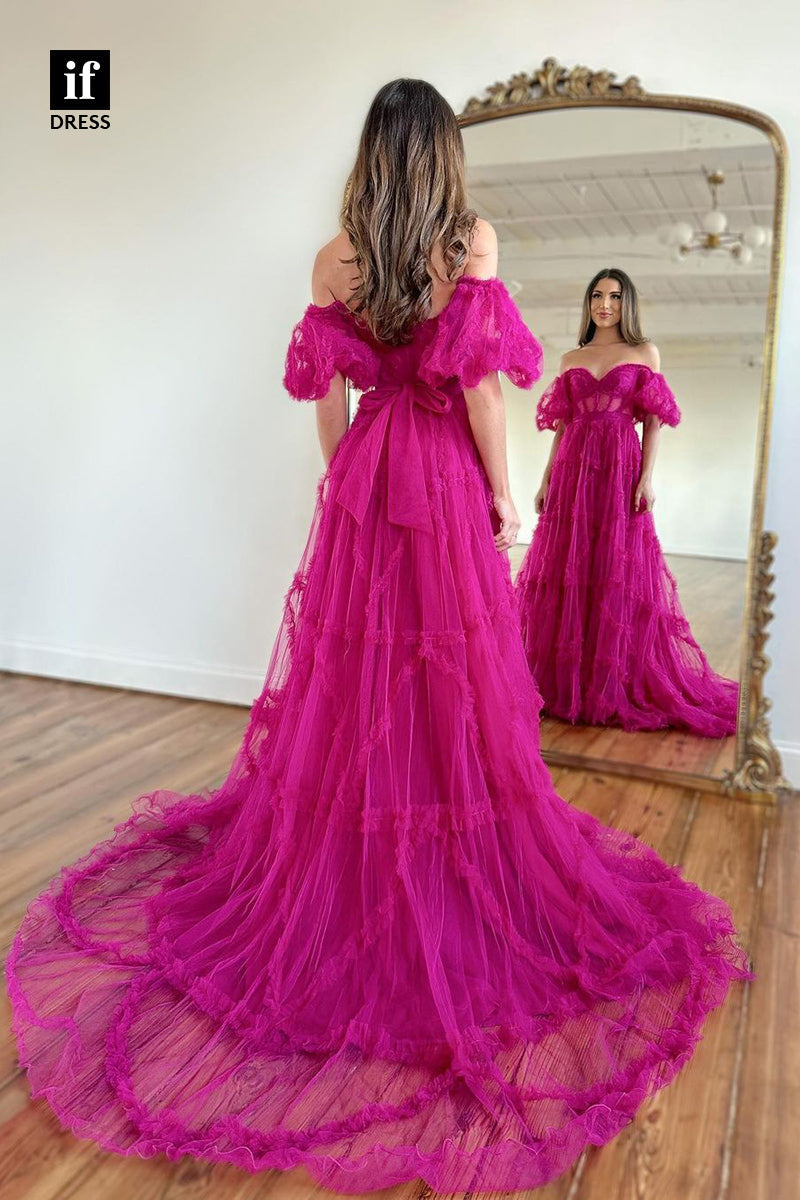 32964 - Sweet Off Shoulder Ruffles Sweetheart Prom Long Homecoming Graduation Dress