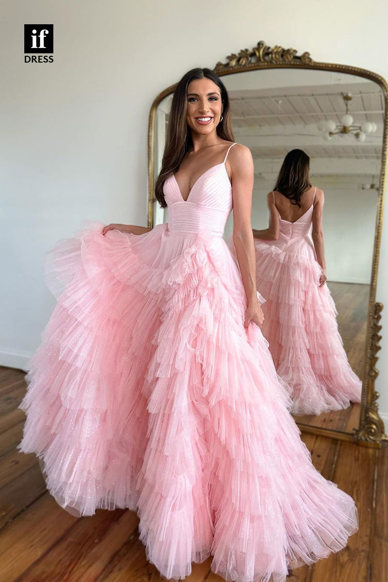 32965 - Chic Spaghetti Straps Tirered Tulle Prom Long Homecoming Graduation Dress