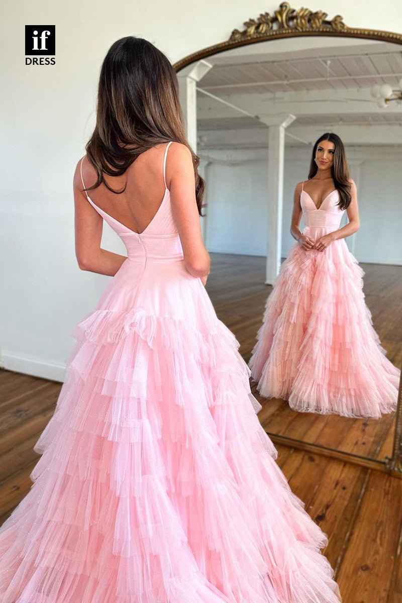 32965 - Chic Spaghetti Straps Tirered Tulle Prom Long Homecoming Graduation Dress