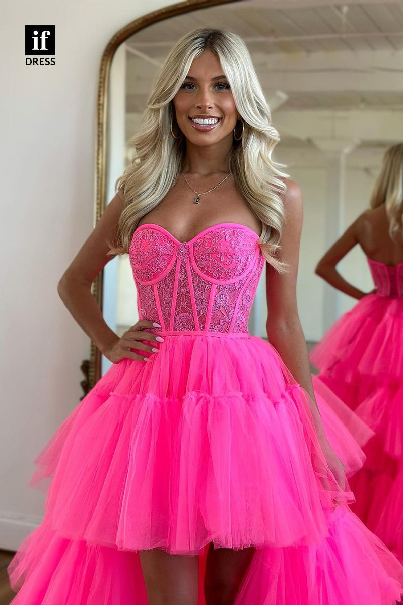 32966 - High Low Strapless Tiered Tulle Long Homecoming Party Dress with Train