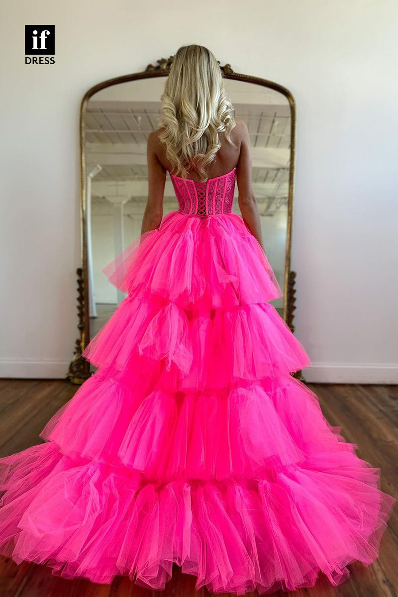 32966 - High Low Strapless Tiered Tulle Long Homecoming Party Dress with Train