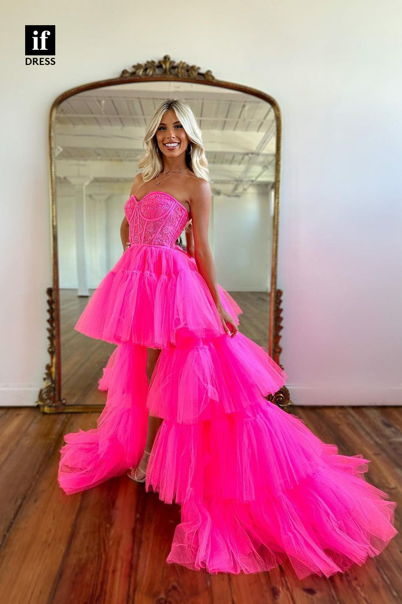 32966 - High Low Strapless Tiered Tulle Long Homecoming Party Dress with Train