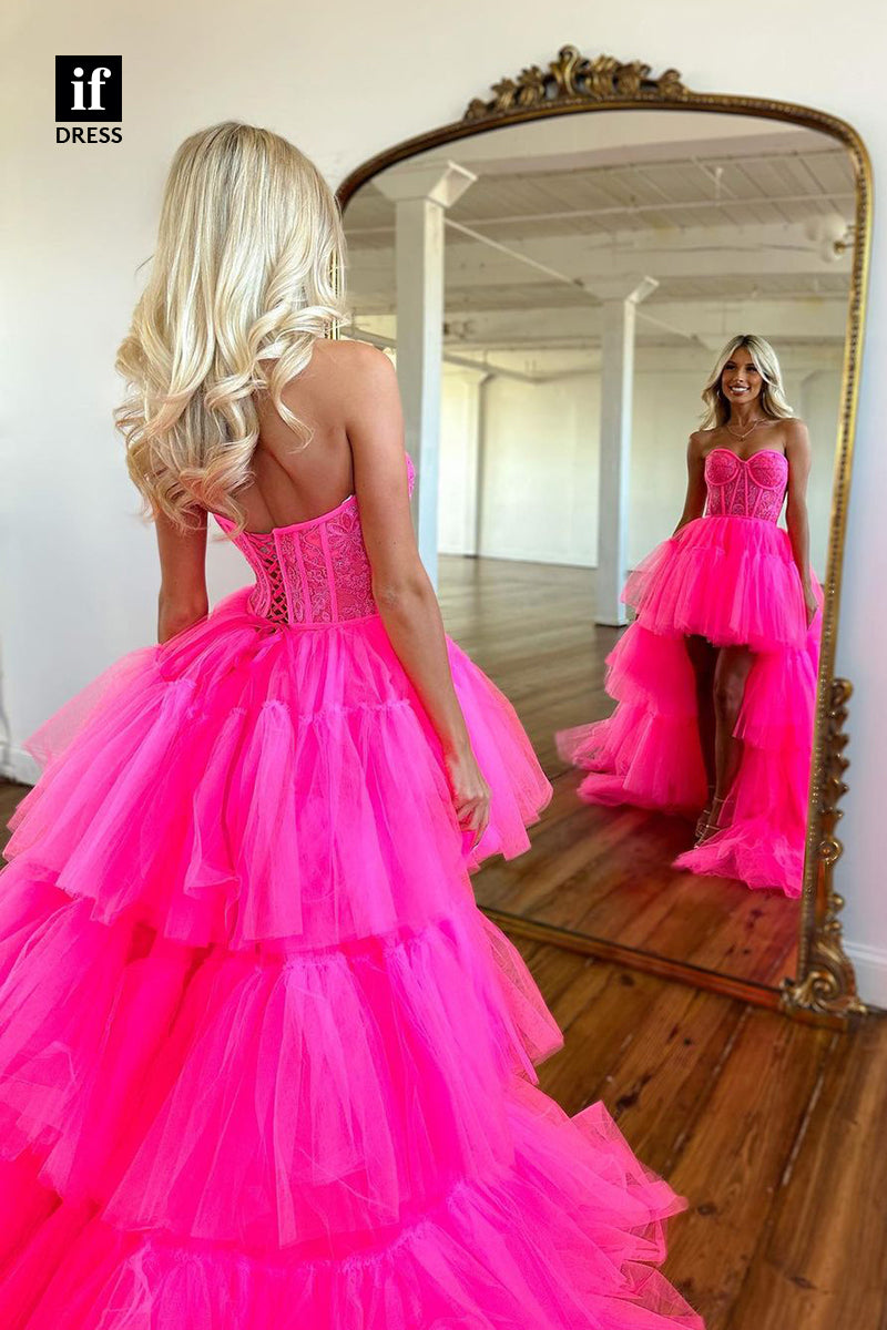 32966 - High Low Strapless Tiered Tulle Long Homecoming Party Dress with Train