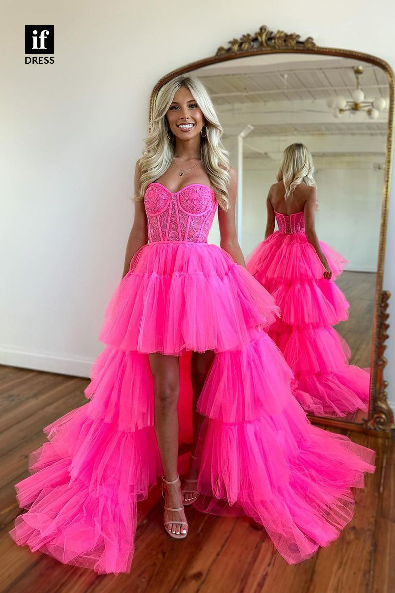 32966 - High Low Strapless Tiered Tulle Long Homecoming Party Dress with Train