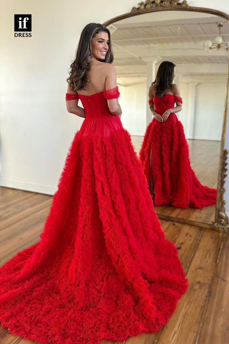 32967 - Glamorous Strapless A-Line Tulle Prom Long Homecoming Dress with Train