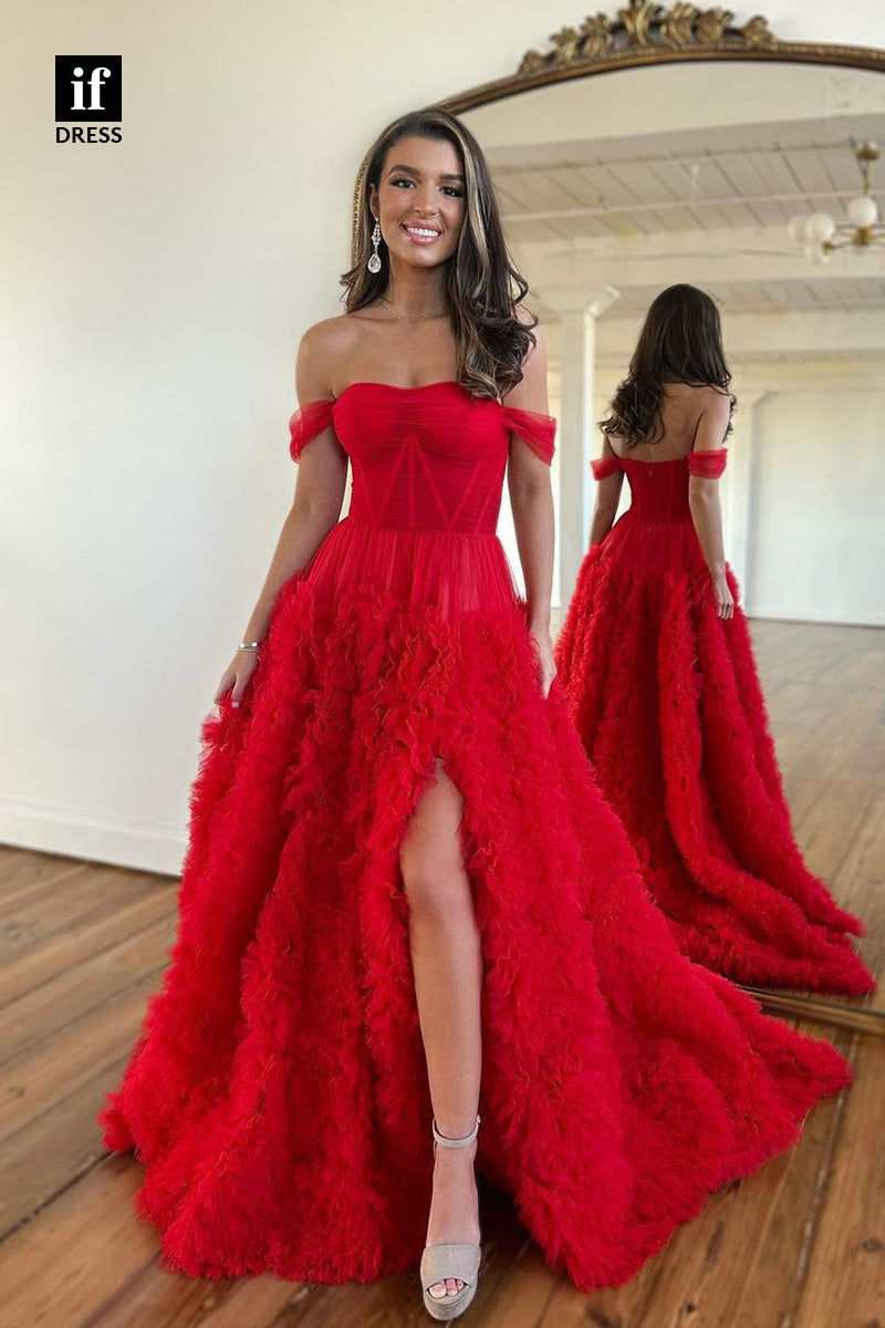 32967 - Glamorous Strapless A-Line Tulle Prom Long Homecoming Dress with Train