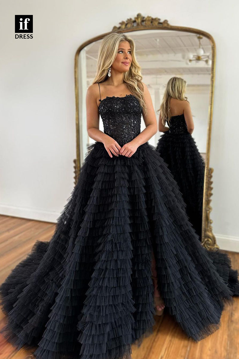 32970 - Spaghetti Straps A-Line Tiered Tulle Prom Long Homecoming Dress with Train