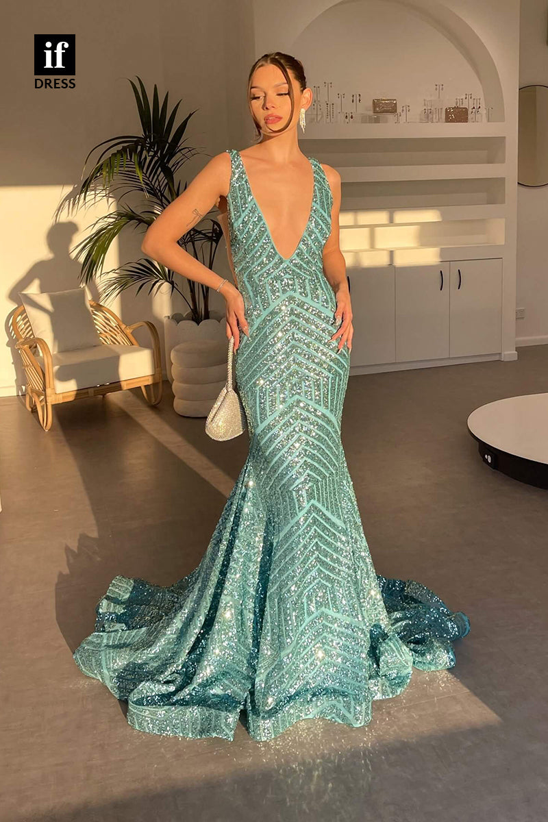 32974 - Charming V-Neck Sequined Sleeveless Mermaid Prom Party Formmal Dress