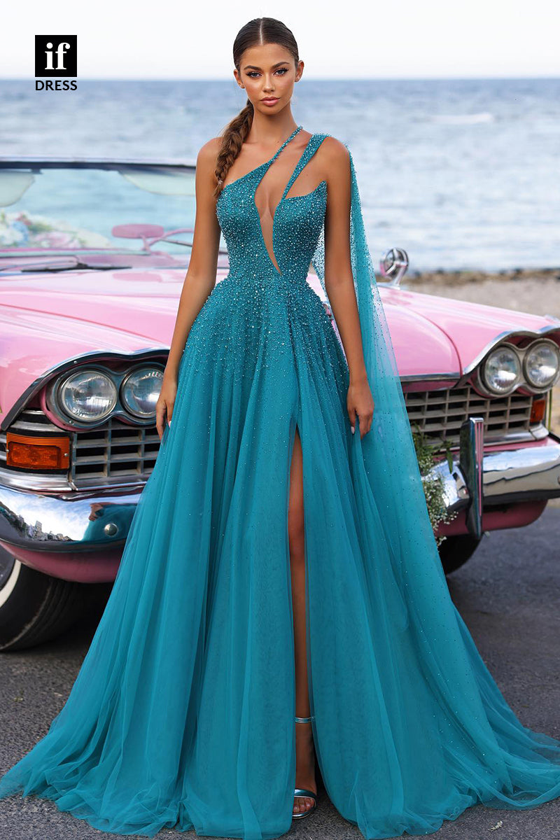 32982 - Chic One Shoulder V-Neck Beads A-Line tulle  Prom Formal Evening Dress