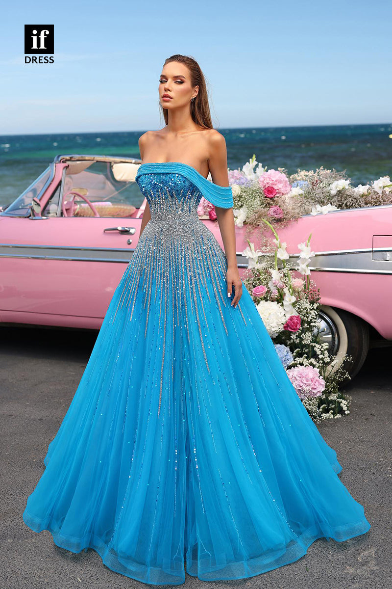 32983 - A-Line Strapless Beads Cap Sleeves Tulle Long Prom Formal Evening Dress