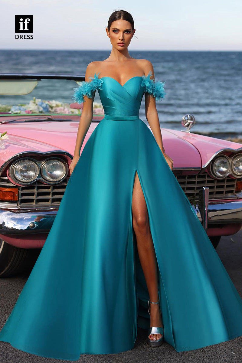 32986 - Elegant Strapless Cap Sleeves Satin Prom Party Formal Dress with Slit