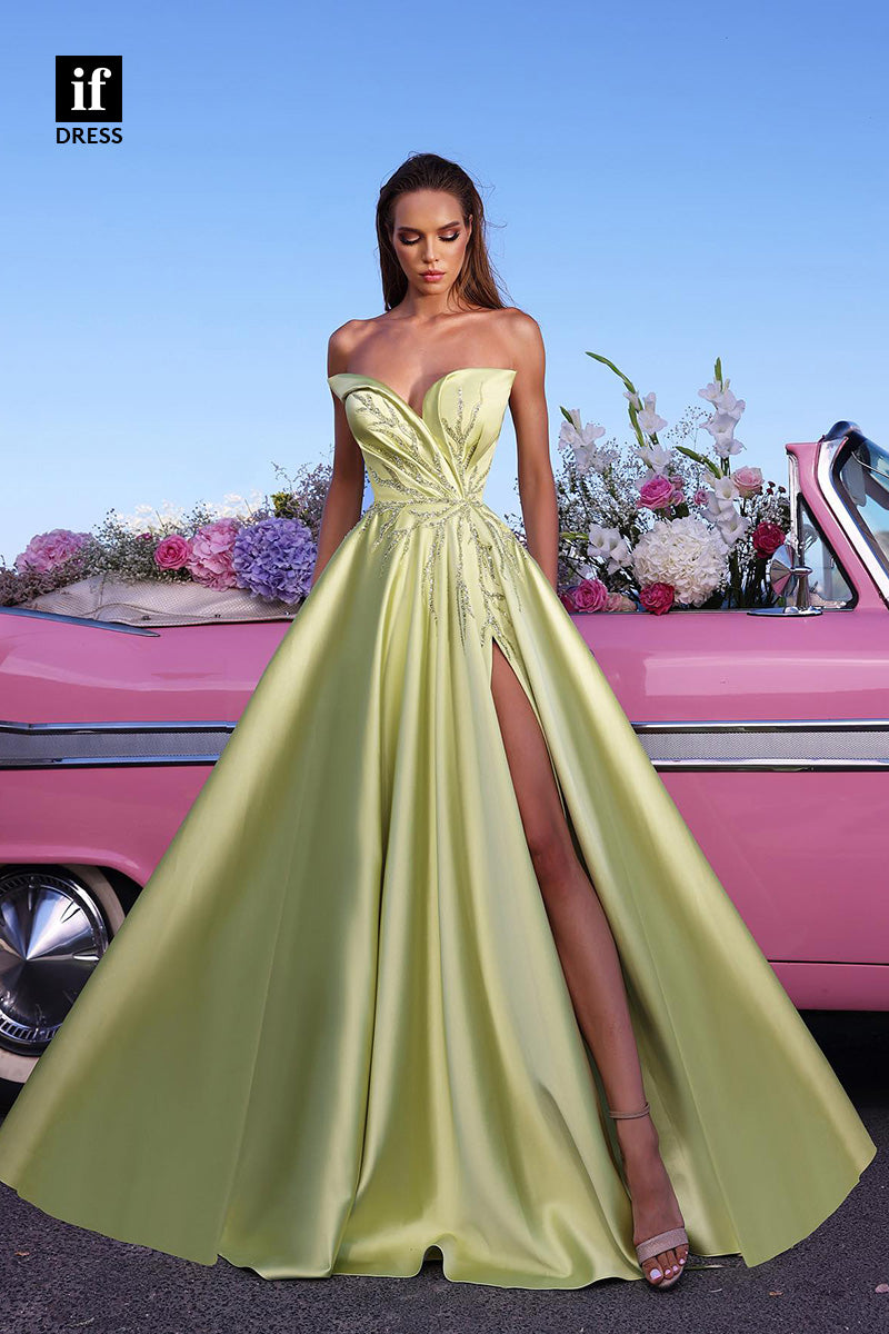 32987 - Classy Strapless A-Line Beads Side Slit Prom Party Formal Dress