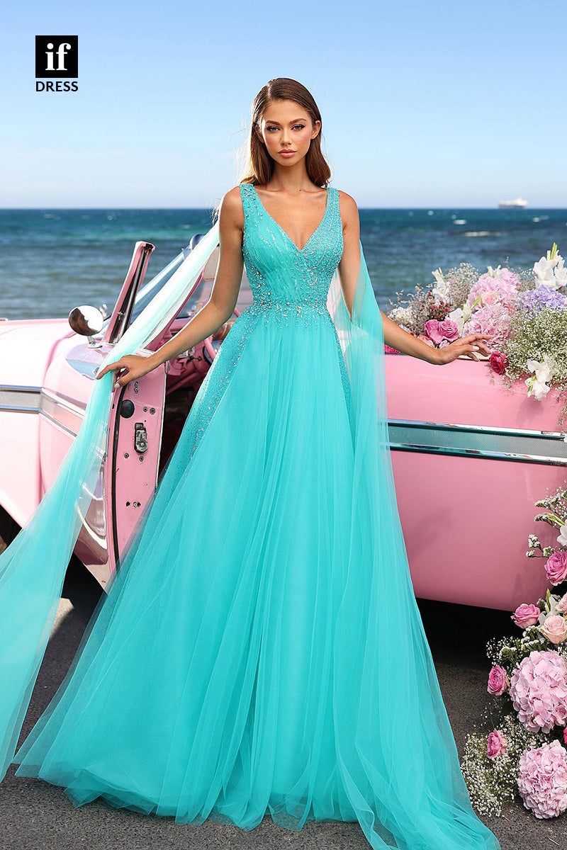 32988 - Chic Straps V-Neck Beads A-Line Tulle Prom Party Formal Dress