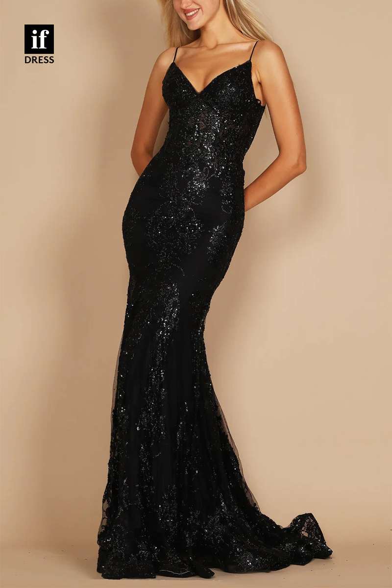 34840 - Spaghetti Straps V-Neck Lace Appliques Mermaid Prom Evening Formal Dress