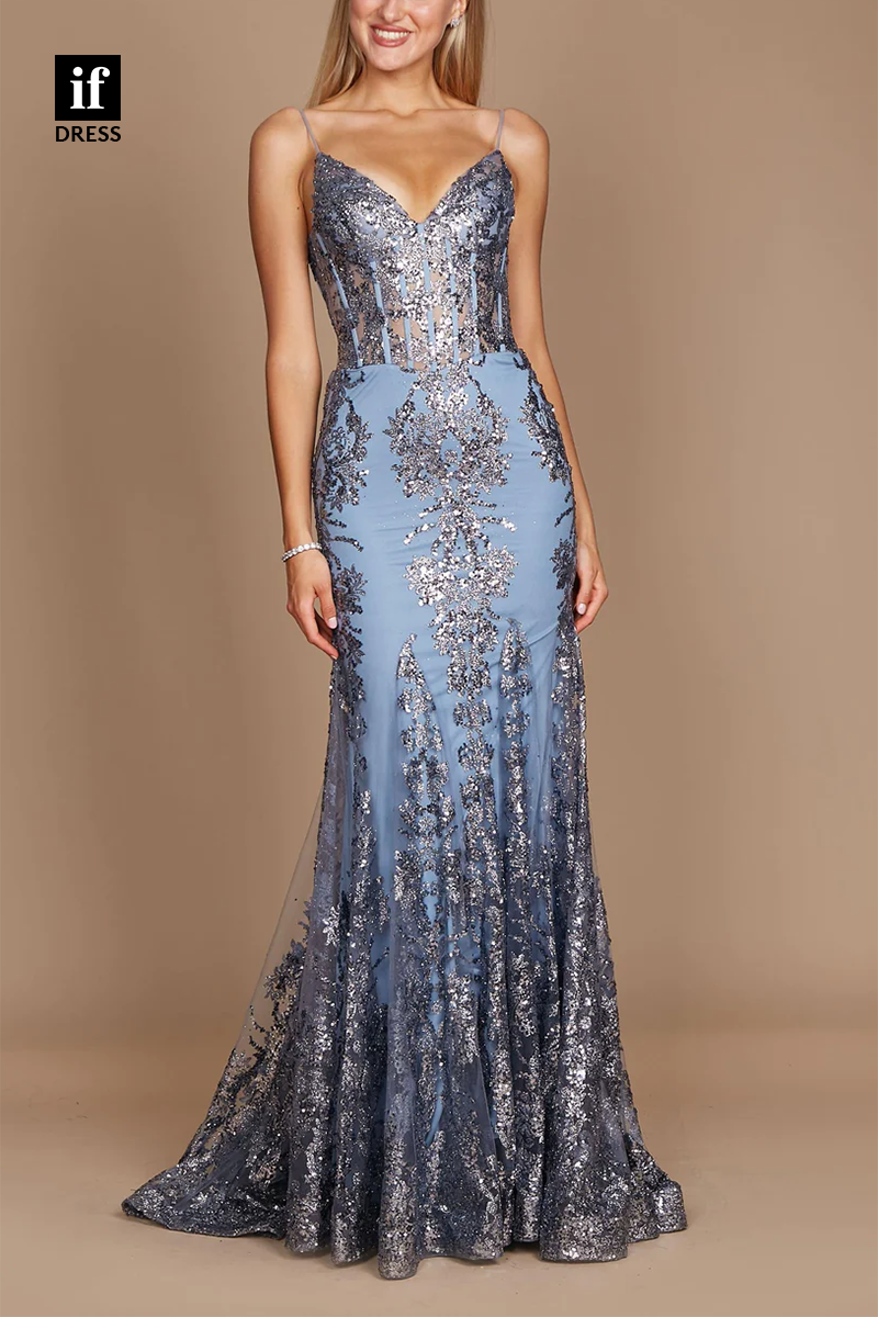 34840 - Spaghetti Straps V-Neck Lace Appliques Mermaid Prom Evening Formal Dress