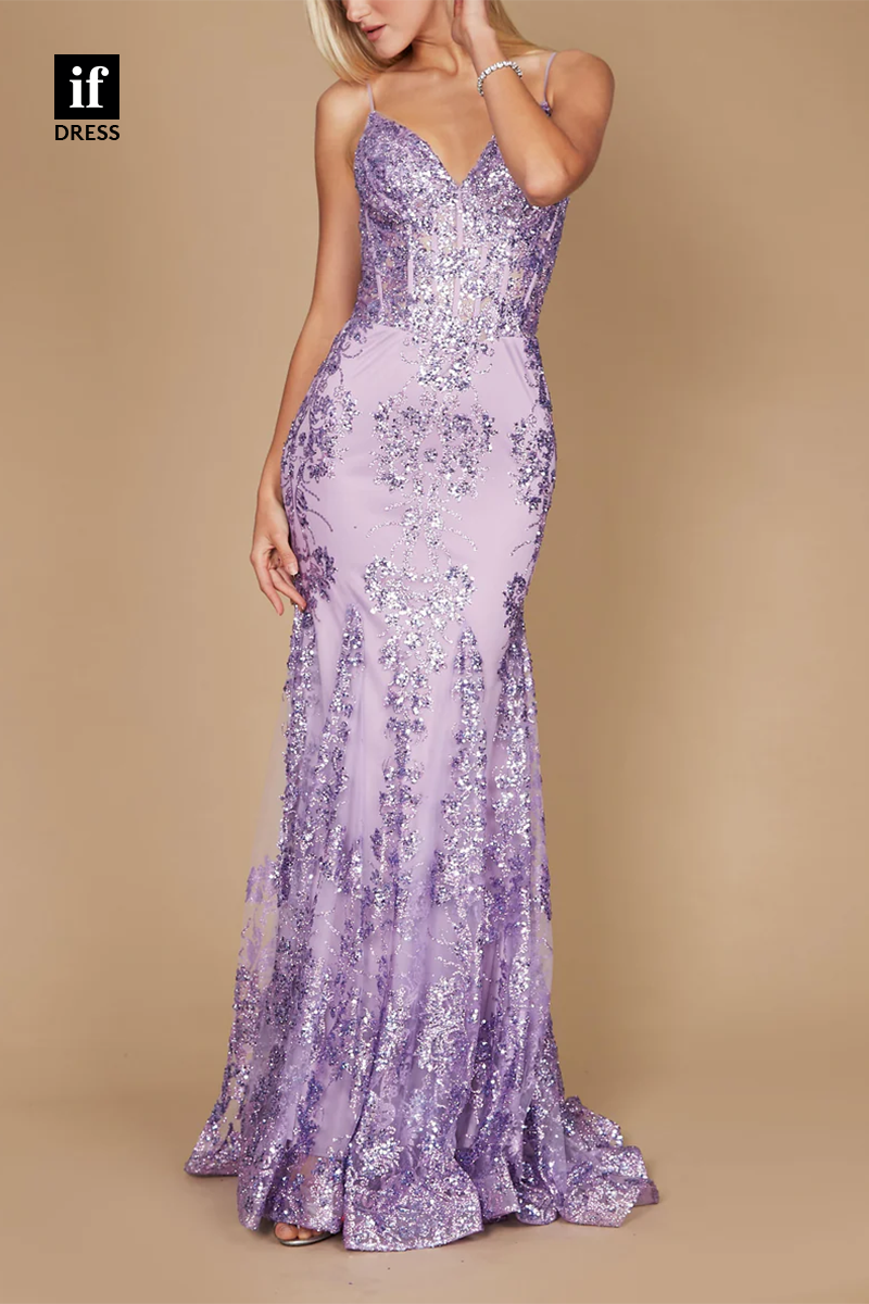 34840 - Spaghetti Straps V-Neck Lace Appliques Mermaid Prom Evening Formal Dress