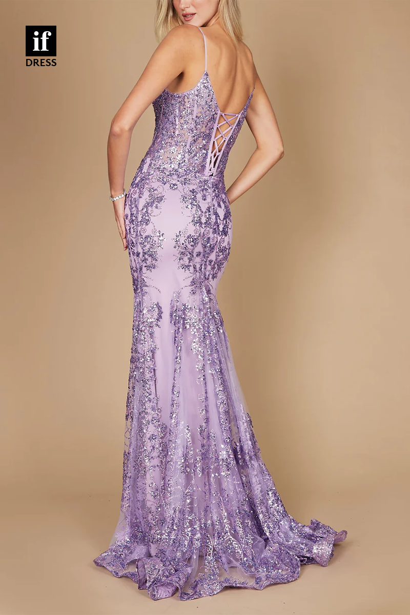 34840 - Spaghetti Straps V-Neck Lace Appliques Mermaid Prom Evening Formal Dress