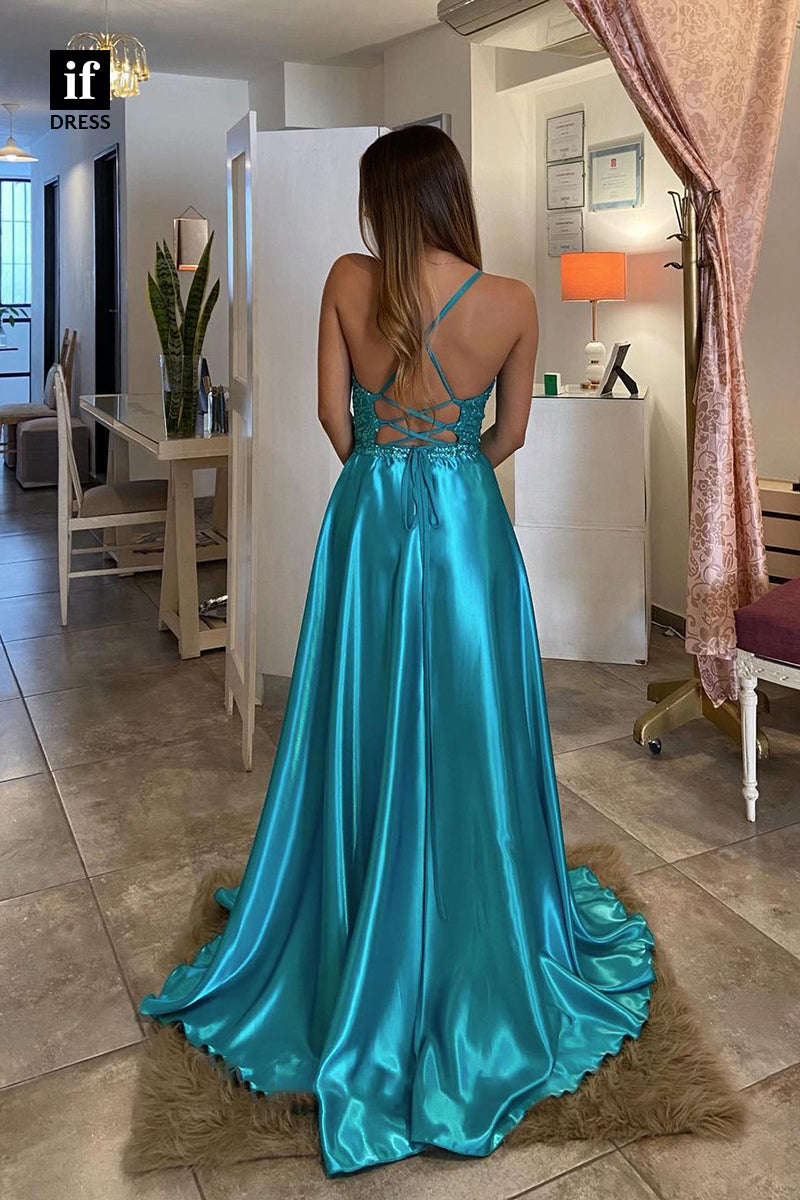 33881 - Charming Detachable Spaghetti Straps V-Neck Side Split Prom Formal Dress