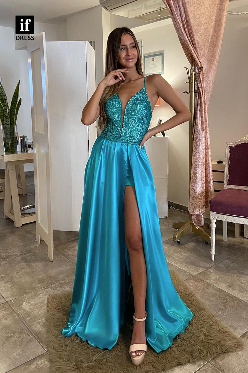 33881 - Charming Detachable Spaghetti Straps V-Neck Side Split Prom Formal Dress