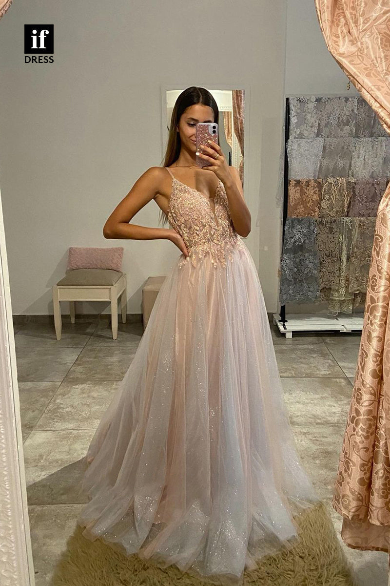 33888 - Romantic Spaghetti Straps V-Neck Illusion Prom Formal Gown