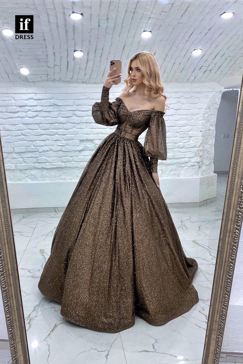 33910 - Luxury Long Sleeves Off-Shoulder V-Neck Prom Formal Gown