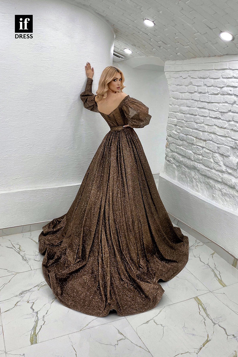 33910 - Luxury Long Sleeves Off-Shoulder V-Neck Prom Formal Gown