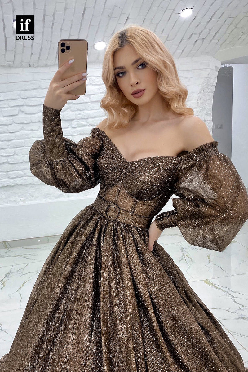 33910 - Luxury Long Sleeves Off-Shoulder V-Neck Prom Formal Gown