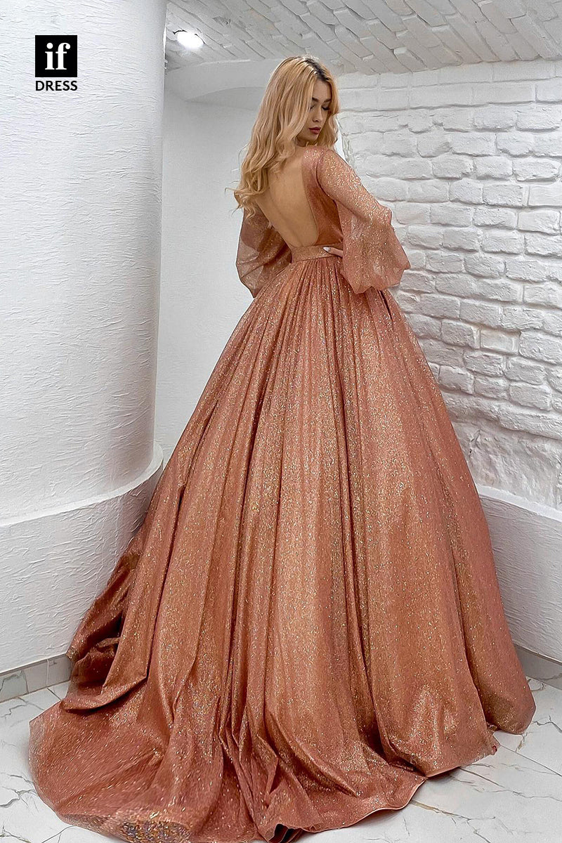 33911 - Distinctive Long Sleeves V-Neck Ball Gown Formal Dress