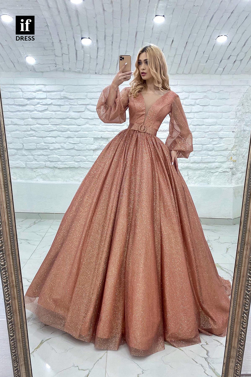 33911 - Distinctive Long Sleeves V-Neck Ball Gown Formal Dress