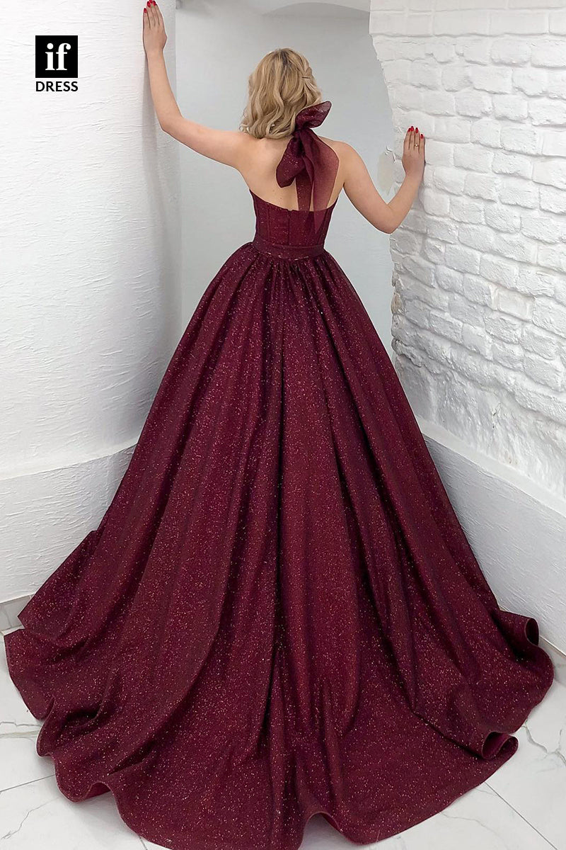 33914 - Romantic Ball Gown Halter Backless Sparkly Prom Formal Dress