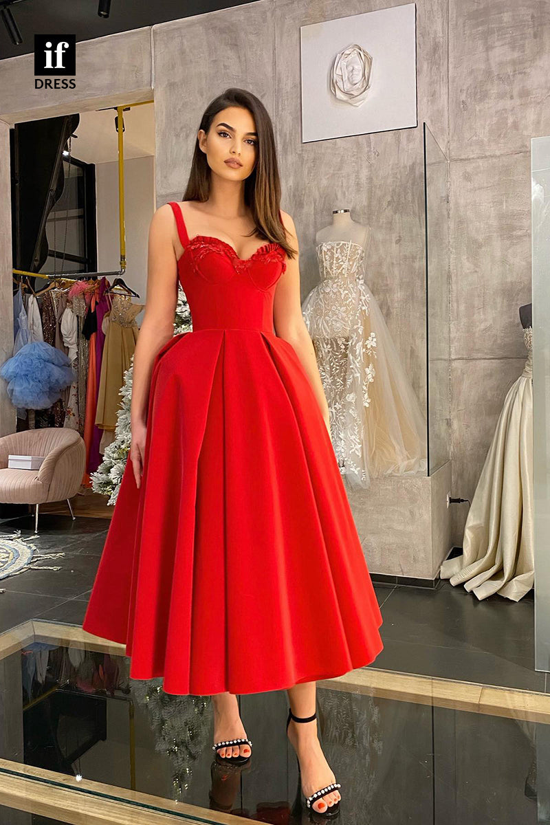 33924 - A-Line Spaghetti Straps Sweetheart Satin Red Prom Formal Gown