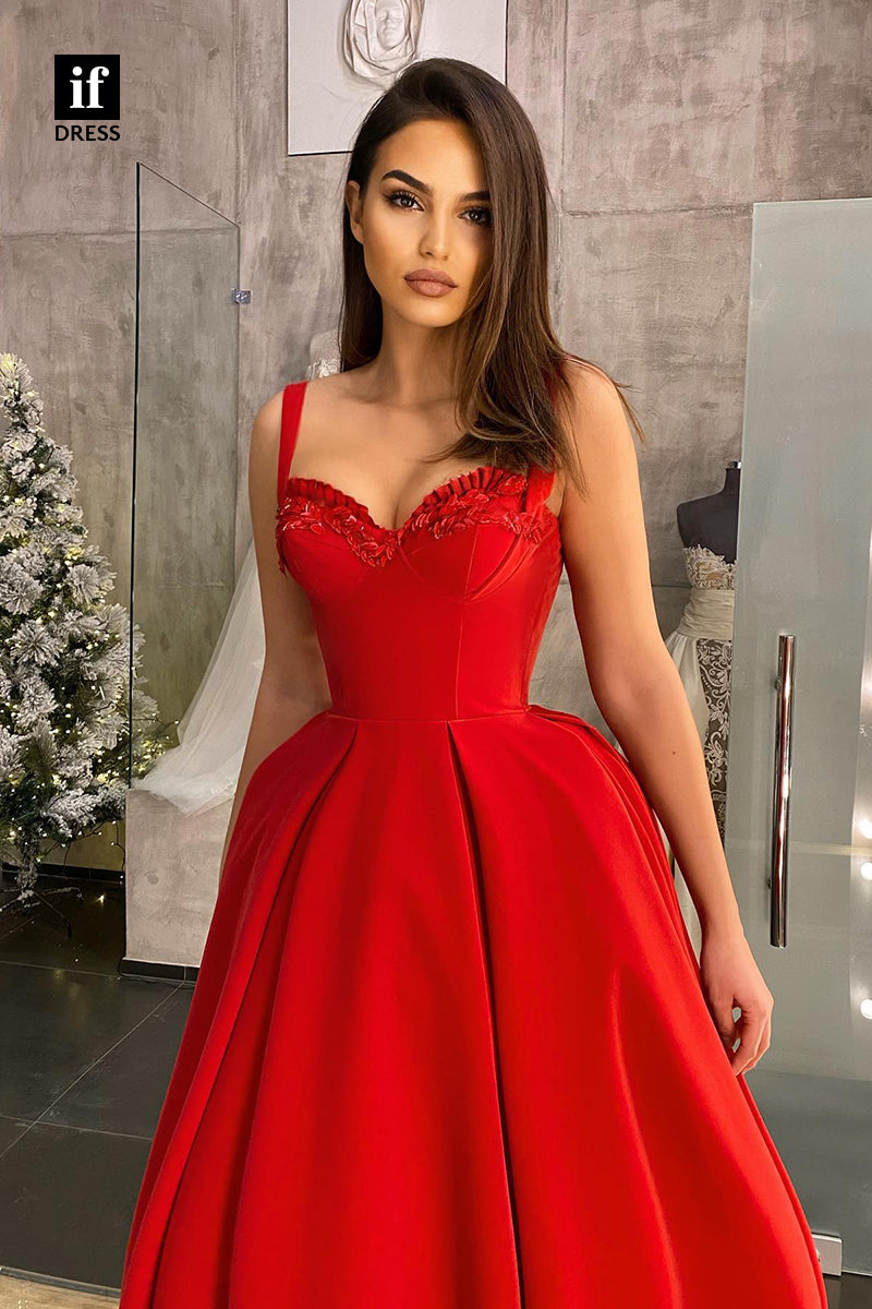 33924 - A-Line Spaghetti Straps Sweetheart Satin Red Prom Formal Gown