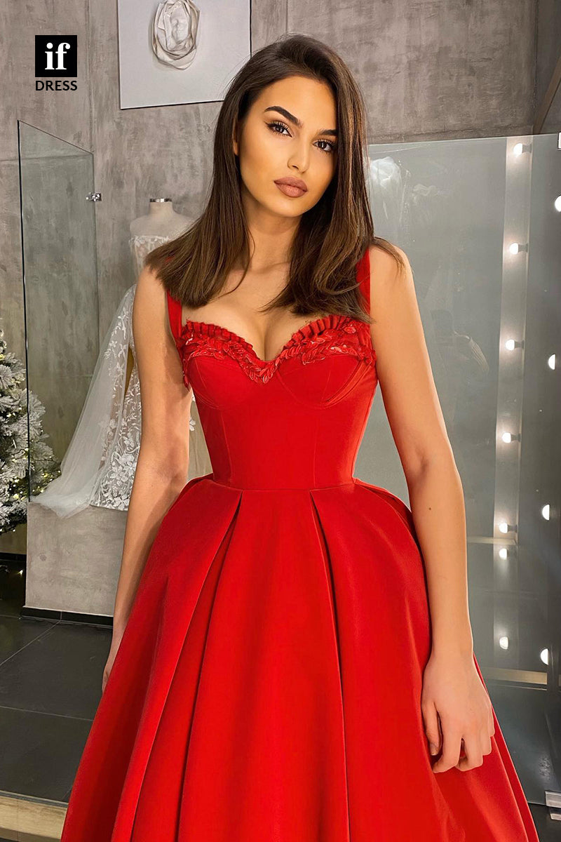 33924 - A-Line Spaghetti Straps Sweetheart Satin Red Prom Formal Gown